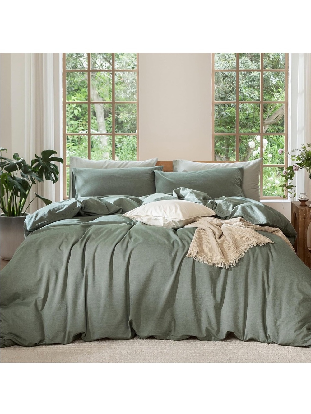 NEW MooMee Bedding Duvet Cover Set 100% Washed Cotton Linen Like Texture (Green)